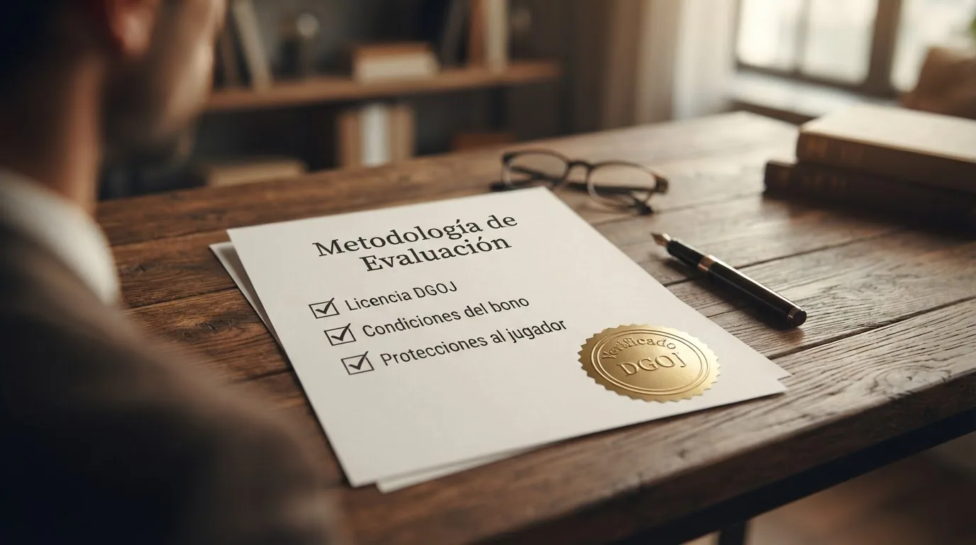Una lista de verificación con tres criterios —licencia DGOJ, condiciones del bono y protecciones al jugador— superpuesta sobre el registro público de operadores