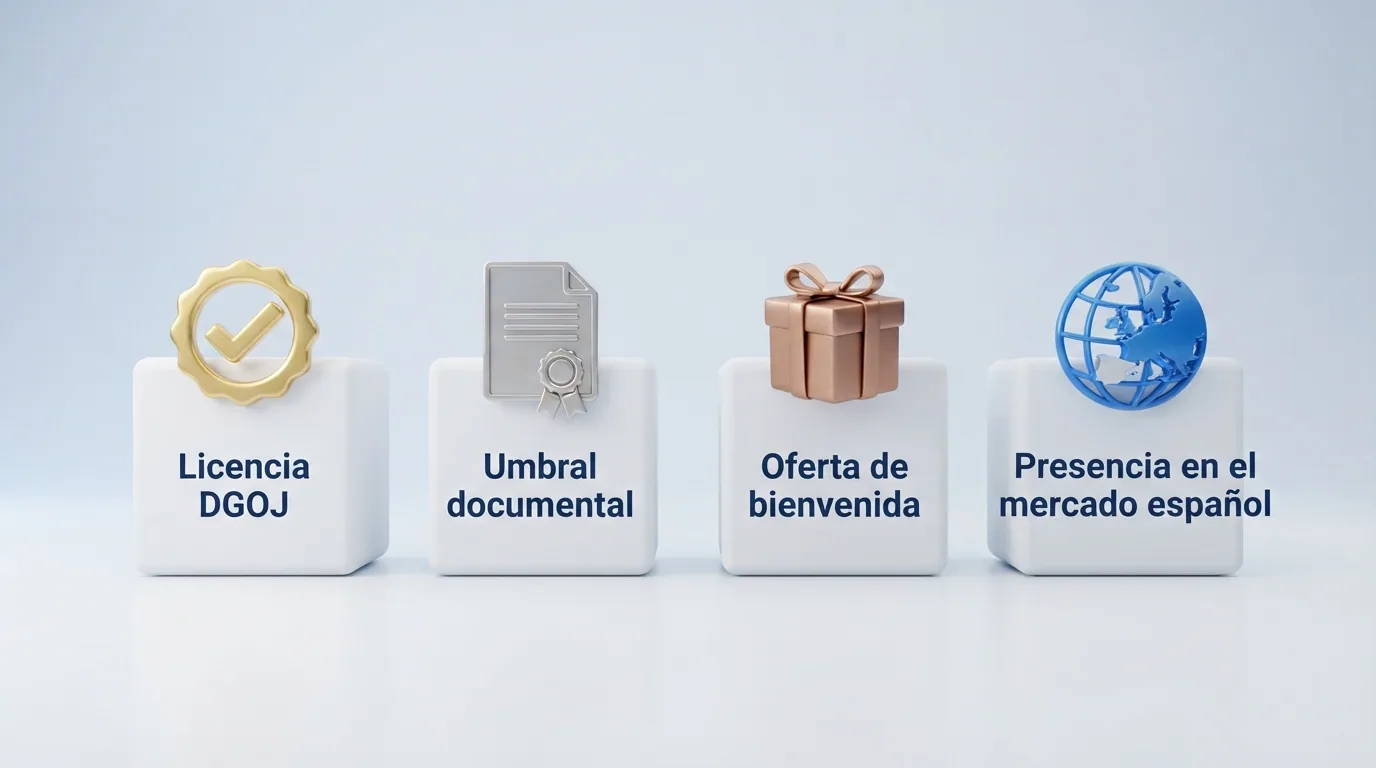 Esquema visual con los criterios de evaluación: licencia DGOJ, umbral documental documentado, oferta de bienvenida capturada y presencia en el mercado español