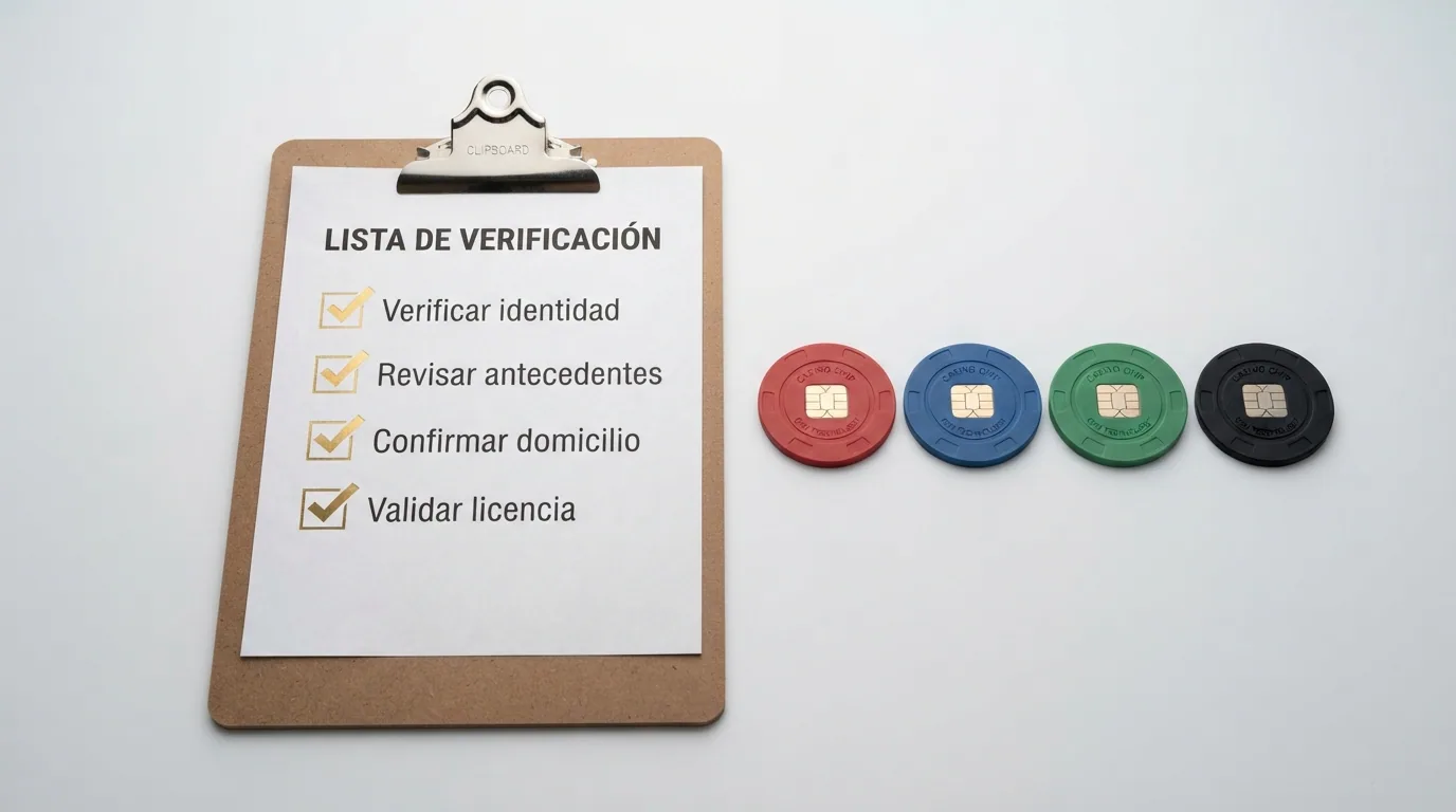 Lista de verificación con los criterios de evaluación aplicados —licencia DGOJ, velocidad de retirada, métodos de pago y condiciones del bono— cada uno marcado con un check de verificación completada.