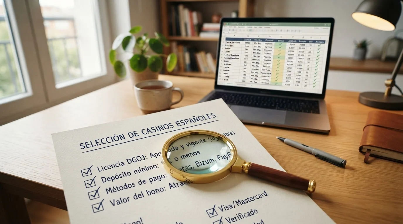 Una lupa sobre una lista de comprobación que incluye licencia DGOJ, depósito mínimo, métodos de pago y valor del bono