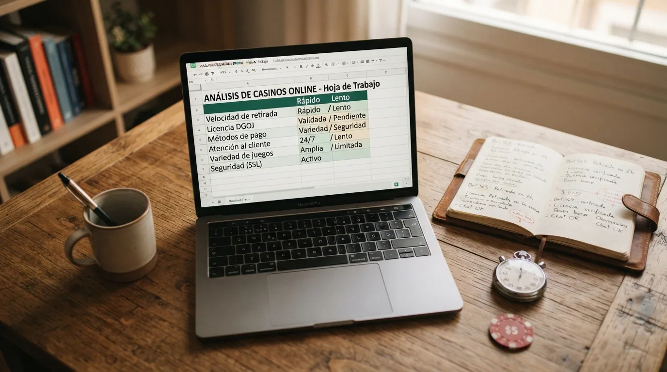 Escritorio con checklist, cronómetro y pantalla mostrando el registro DGOJ, en un entorno de trabajo de análisis
