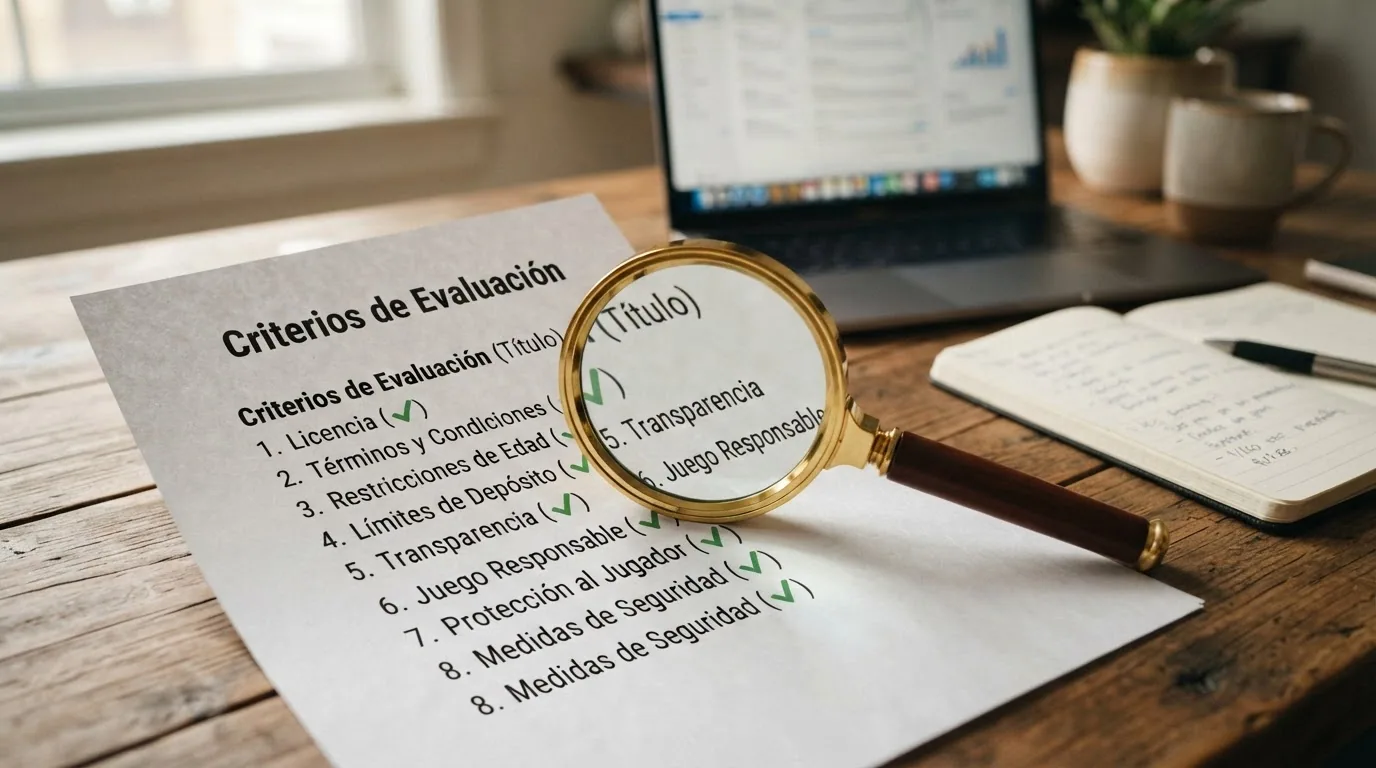Documento con los criterios de evaluación —licencia, límites, oferta y juego responsable— junto a una lupa sobre un informe oficial de la DGOJ