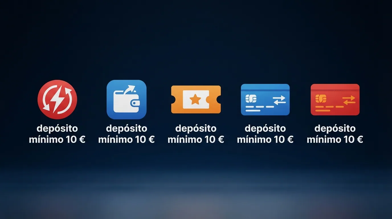 Los iconos de Bizum, PayPal, Paysafecard, Visa y Mastercard alineados sobre un fondo azul oscuro, con el texto «depósito mínimo 10 €» debajo de cada uno