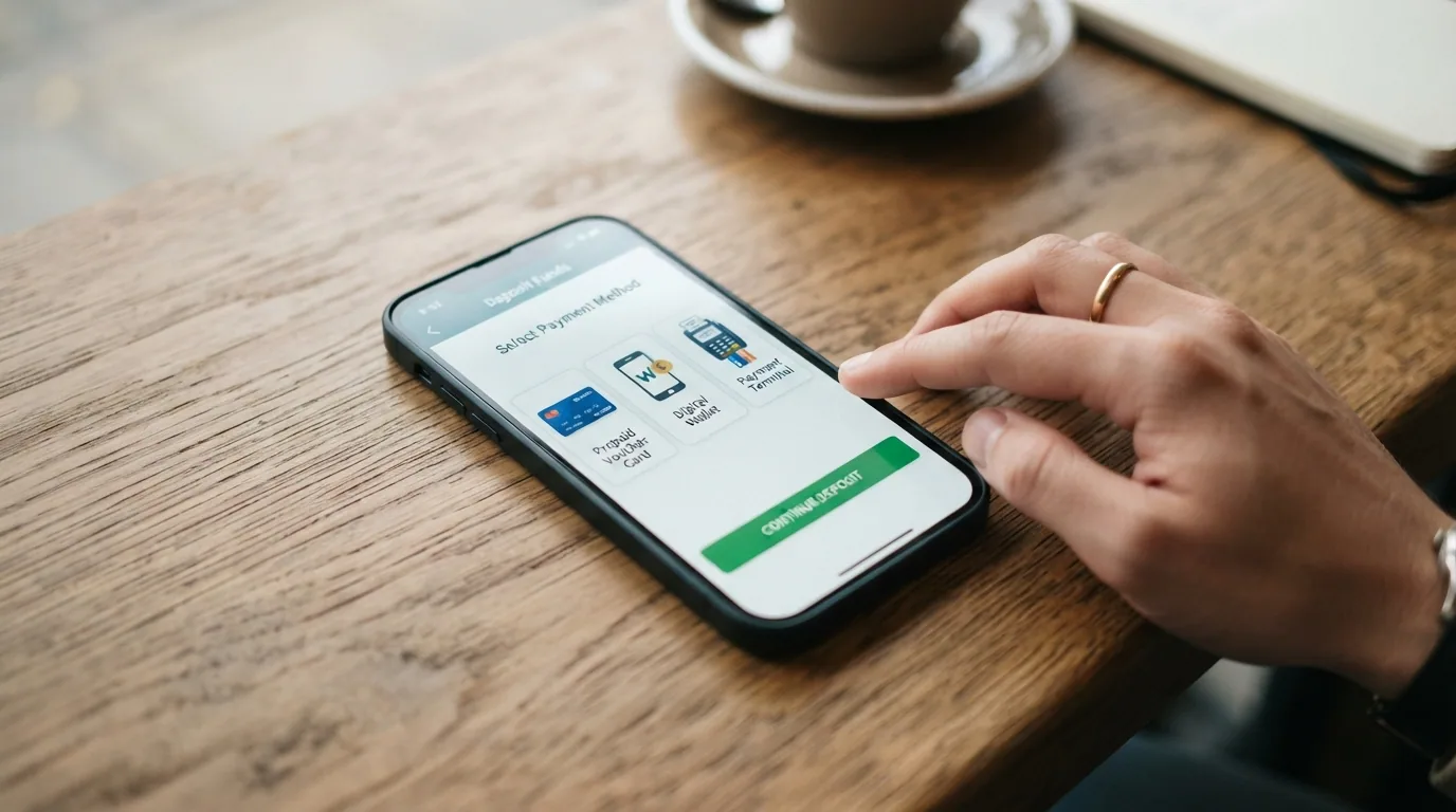 Móvil mostrando la pantalla de depósito de un casino online con los iconos de Bizum, PayPal y Paysafecard visibles