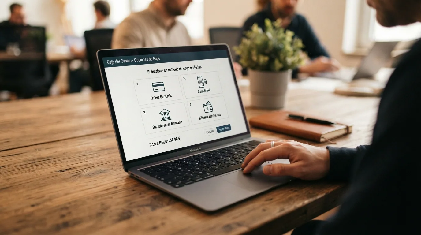 Pantalla de cajero de un casino online con las opciones de depósito: tarjeta bancaria, Bizum, transferencia y monedero electrónico