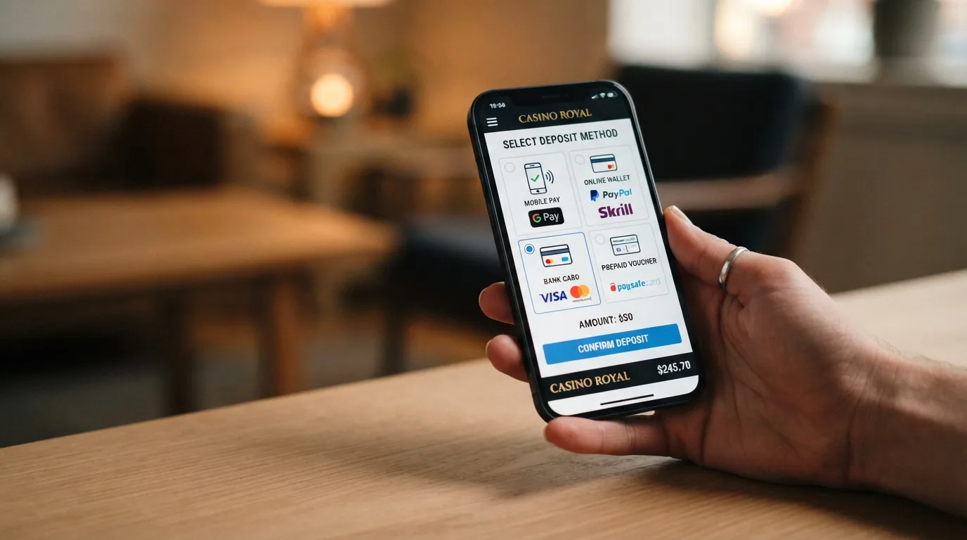 Teléfono móvil mostrando la pantalla de depósito de un casino online con los iconos de Bizum, PayPal, tarjeta bancaria y Paysafecard