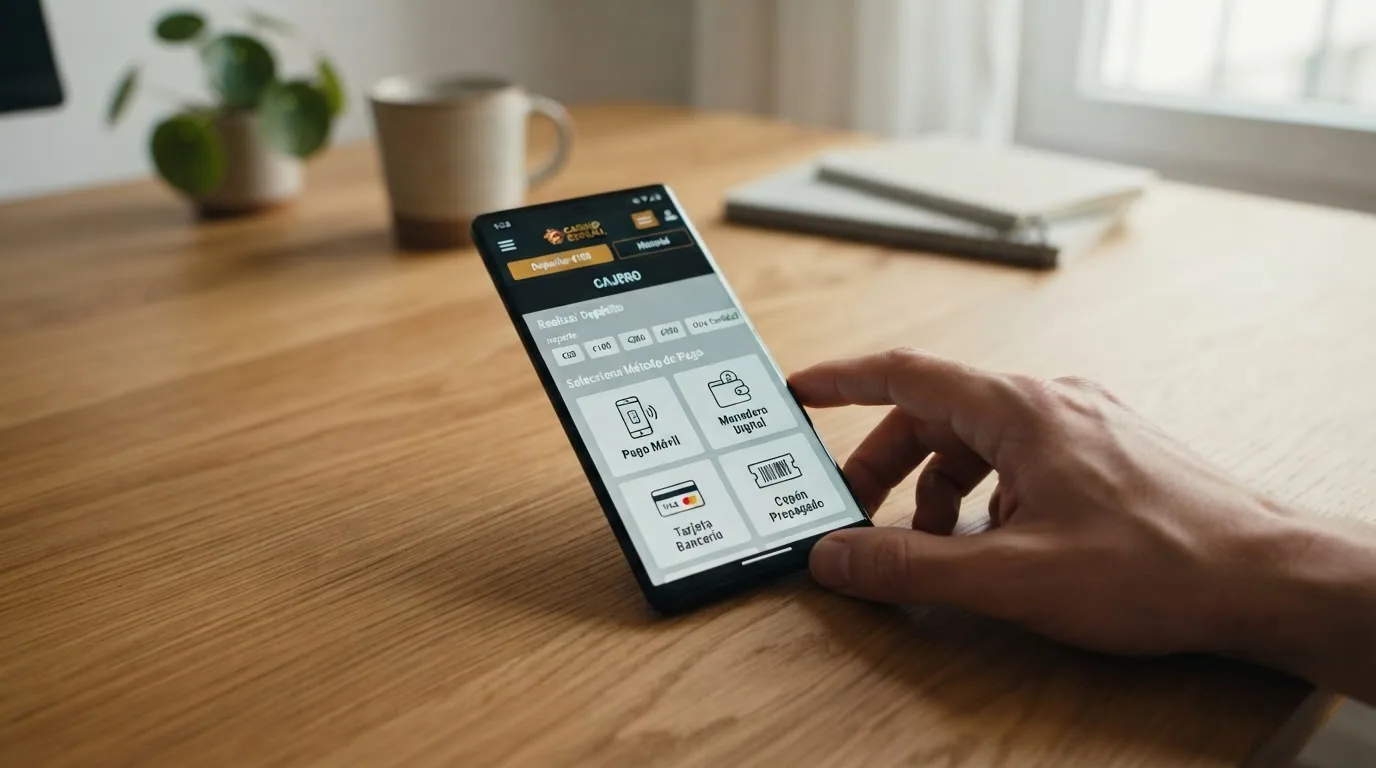 Teléfono móvil mostrando la pantalla de cajero de un casino online con los iconos de Bizum, PayPal, Visa y Paysafecard como opciones de pago