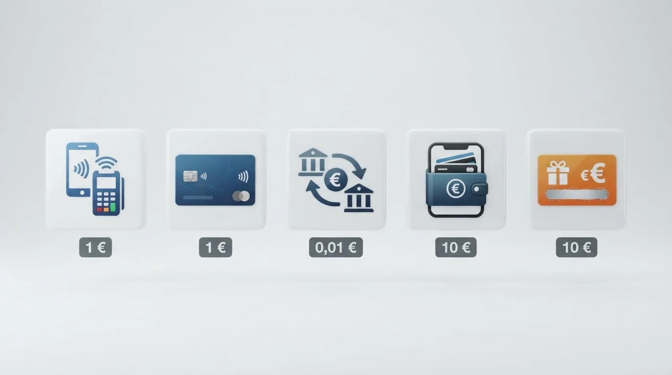 Comparativa visual de los iconos de Bizum, Visa, transferencia bancaria, PayPal y Paysafecard con el importe mínimo que admite cada uno