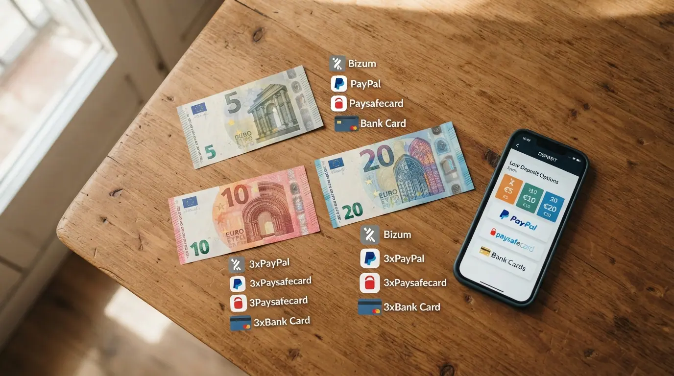 Comparativa visual de billetes de 5€, 10€ y 20€ junto a los iconos de Bizum, PayPal, Paysafecard y una tarjeta bancaria sobre la interfaz de un cajero de casino