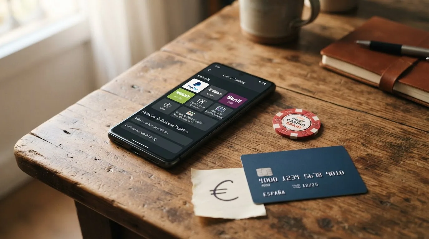 Iconos o tarjetas de los principales métodos de pago aceptados en casinos DGOJ (PayPal, Skrill, Neteller, transferencia, tarjeta, Bizum) ordenados por velocidad