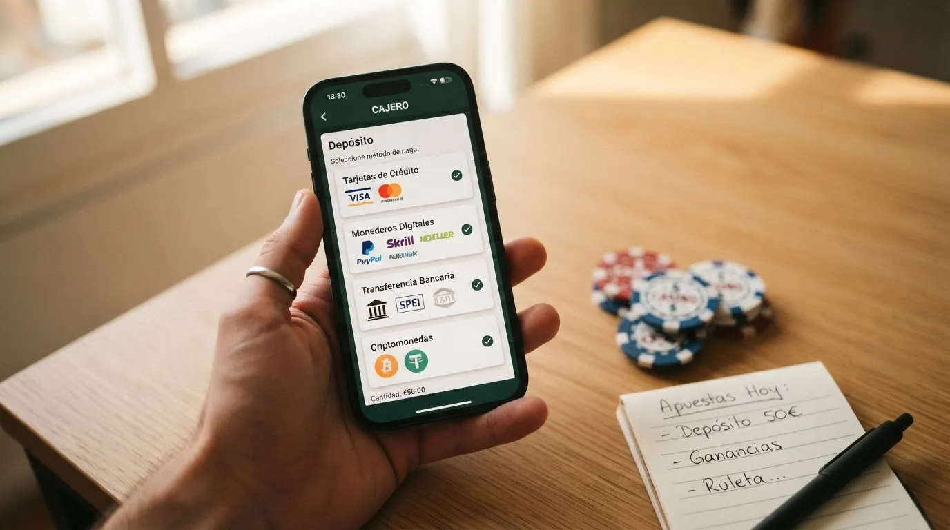 Teléfono móvil mostrando la pantalla de depósito por Bizum en un casino online, junto a los iconos de PayPal, Skrill y transferencia bancaria