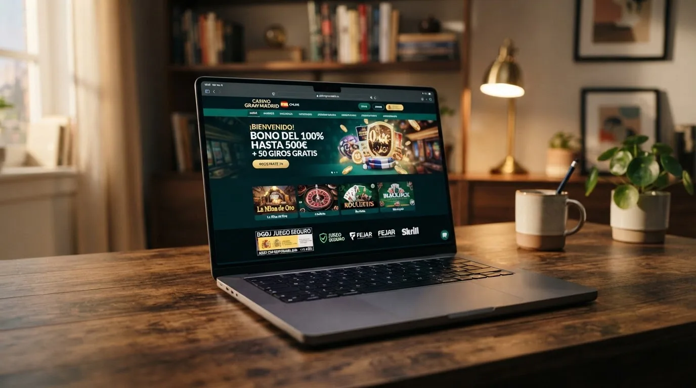 Página de inicio de un casino online con licencia DGOJ de lanzamiento reciente mostrando el sello de juego seguro y el logotipo de Skrill en el pie