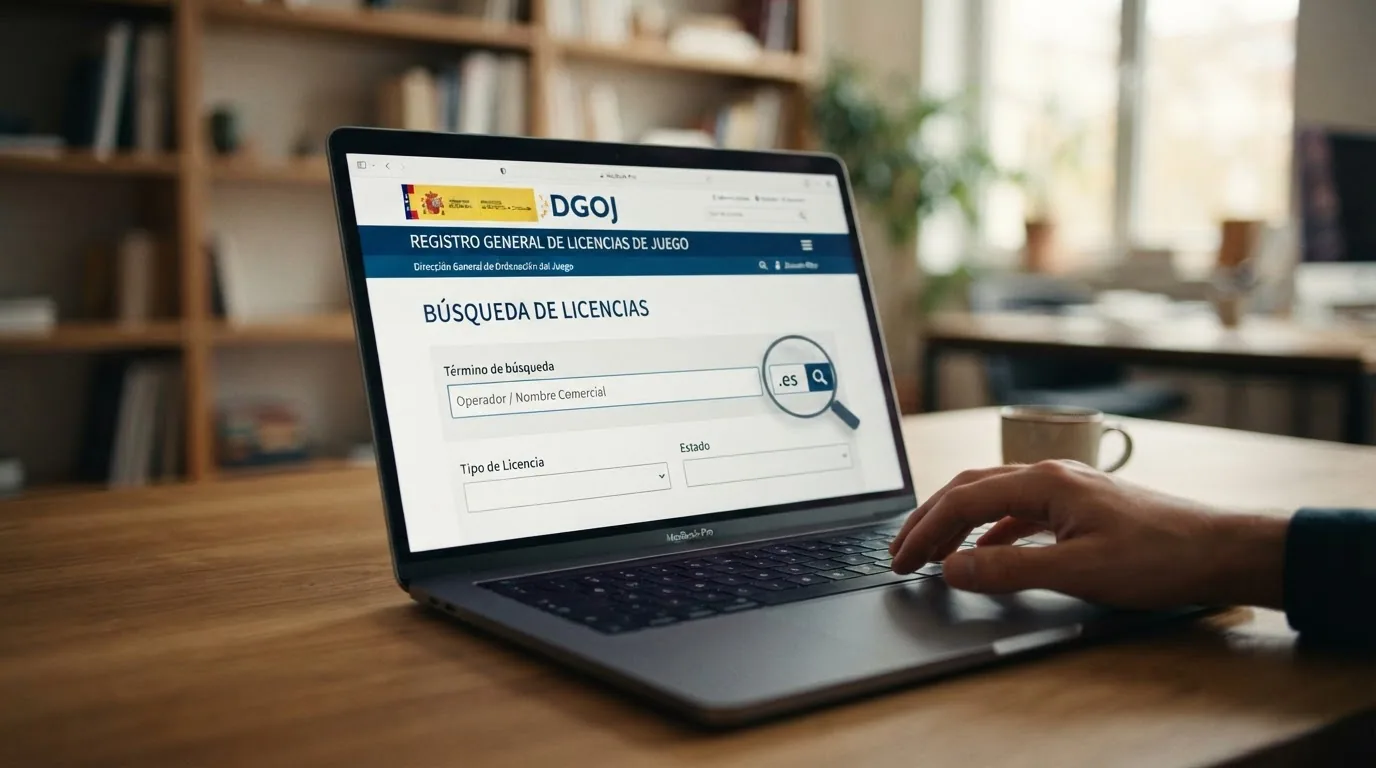 Una pantalla del registro de licencias de la DGOJ en ordenacionjuego.es con el campo de búsqueda y un círculo sobre el dominio .es