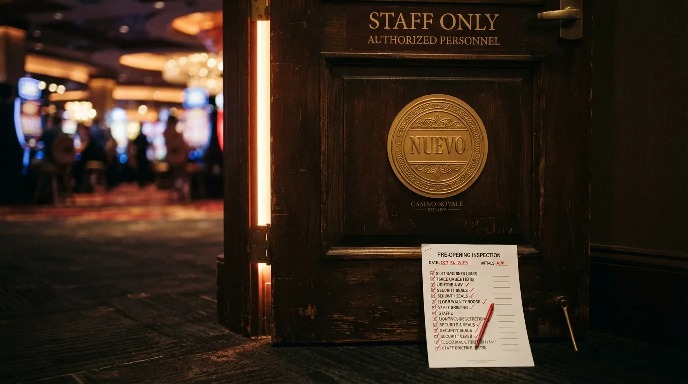 Puerta de casino entreabierta con un cartel de «nuevo» y el logotipo de TRON junto a una lista de verificación