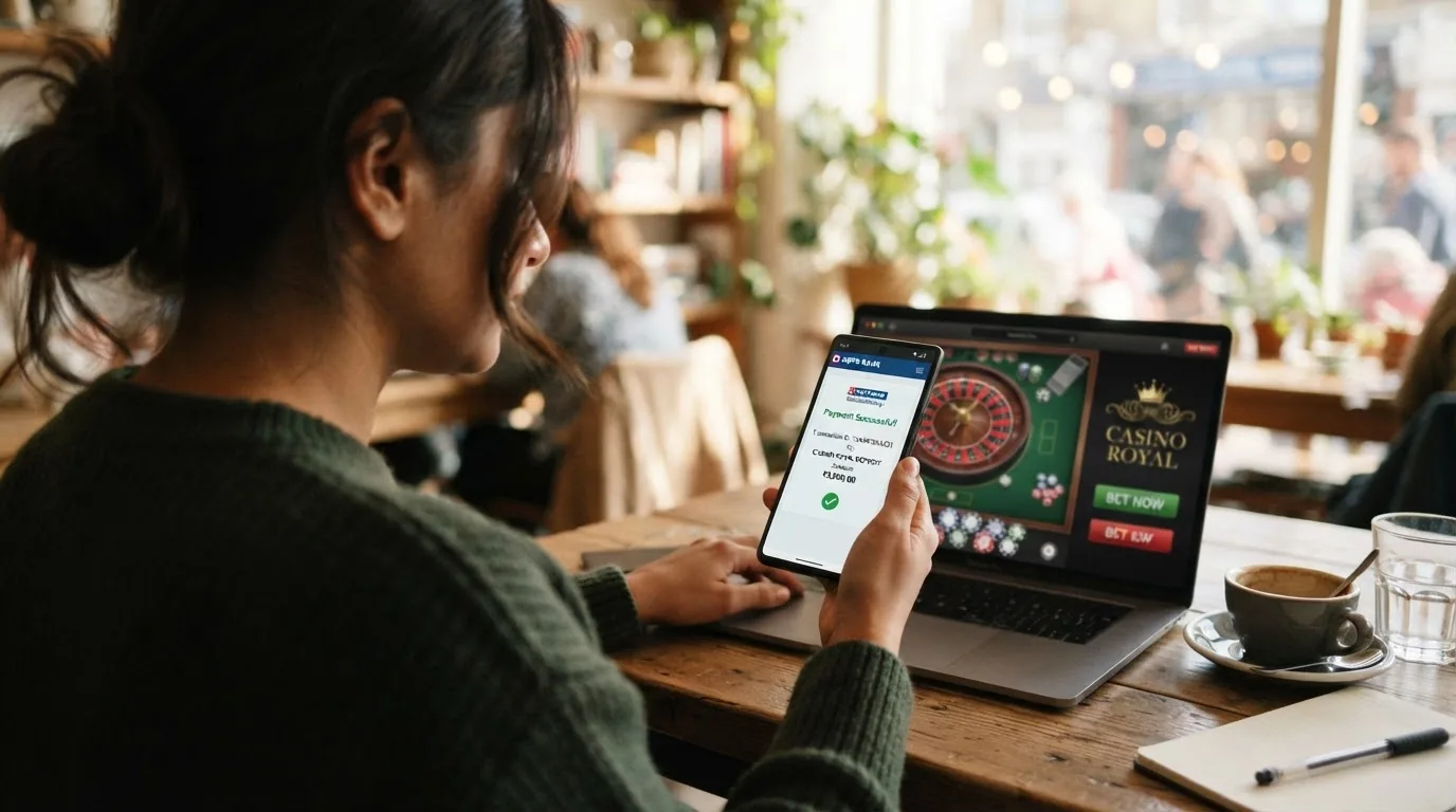 Un primer plano de un móvil apoyado en una mesa de cafetería con la pantalla partida: a la izquierda la app CaixaBank Pay mostrando una transacción recién autorizada, a la derecha un casino online cargado en el navegador móvil con las tragaperras en marcha