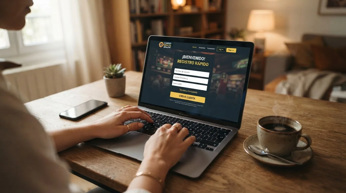 Manos de una persona tecleando en un portátil con una taza de café al lado y la pantalla mostrando la página de registro de un casino online español