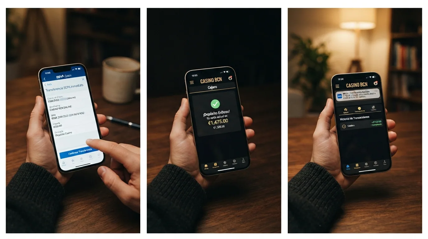 Secuencia de tres pantallas: la app del banco con una transferencia SEPA en curso, el cajero de un casino con el saldo reflejado y el teléfono con una notificación de retirada completada