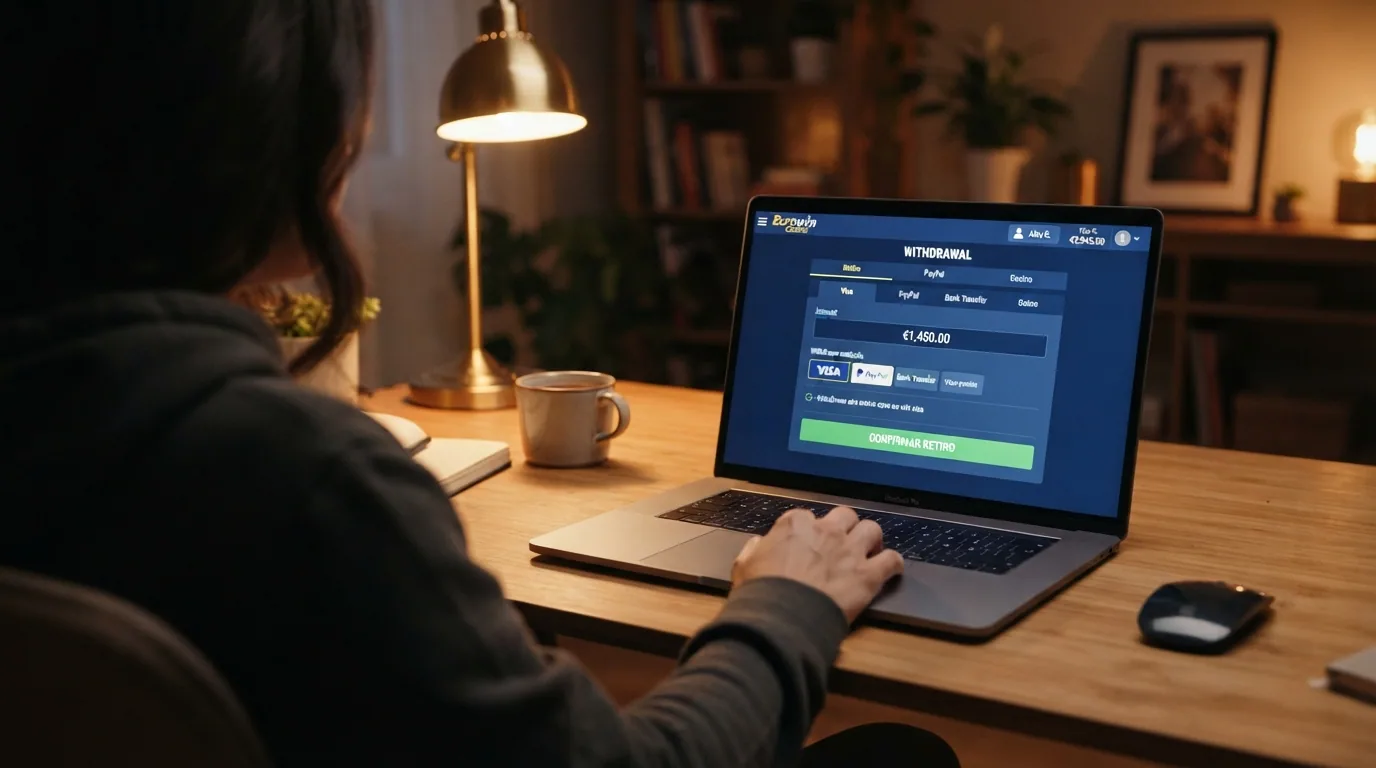 La pantalla de un ordenador con la sección de cajero de un casino online mostrando la opción de retirada HalCash seleccionada y un importe en euros