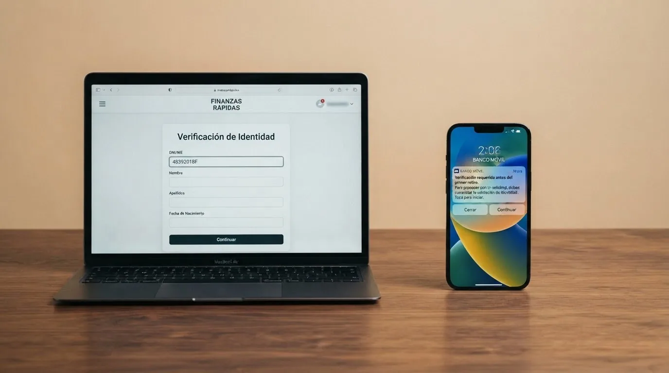 Pantalla dividida: a la izquierda el formulario de registro de un casino con el campo DNI/NIE visible; a la derecha el aviso de verificación documental requerida antes del primer retiro