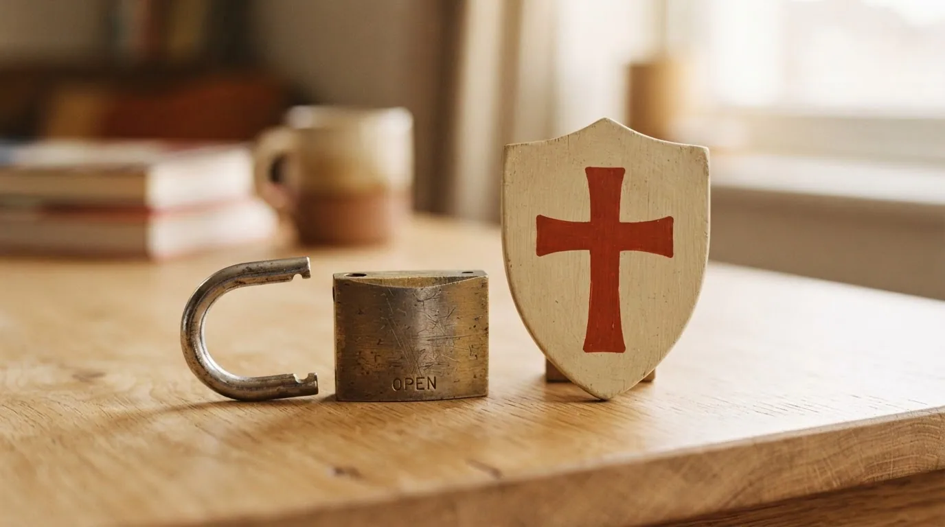 Candado abierto junto a un escudo con una cruz roja, simbolizando la ausencia de proteccion