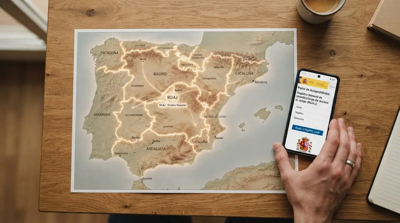 Mapa de España con las comunidades autónomas y un indicador visual de los registros de prohibidos autonómicos que se coordinan con el RGIAJ estatal