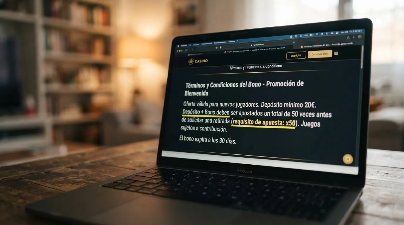 Primer plano de los términos de un bono de casino donde la línea «requisito de apuesta: x50» aparece subrayada o señalada