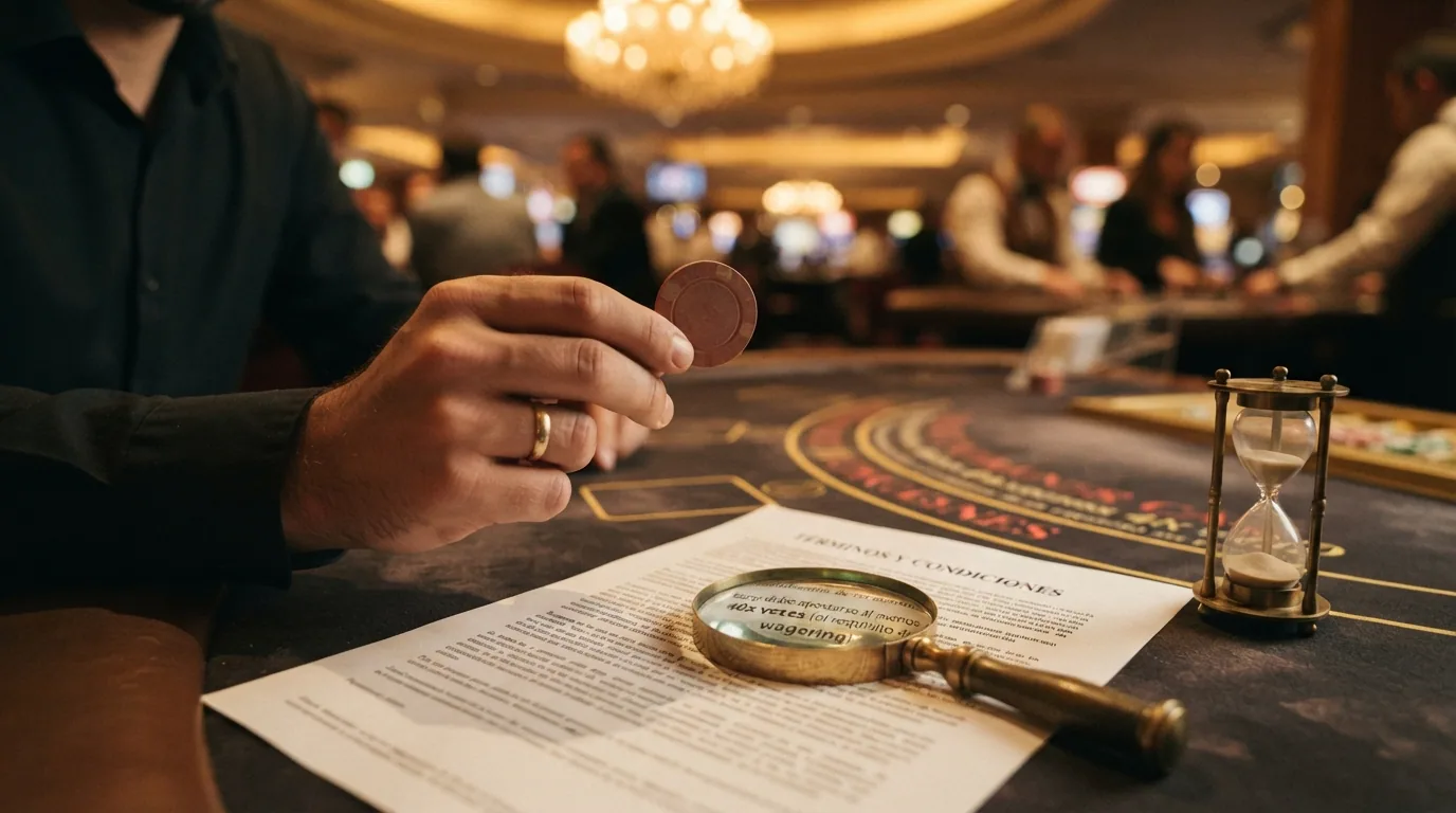 Primer plano de una ficha de casino con el símbolo de Bitcoin grabado, una lupa sobre la letra pequeña de unos términos de bono y un cronómetro marcando una cuenta atrás