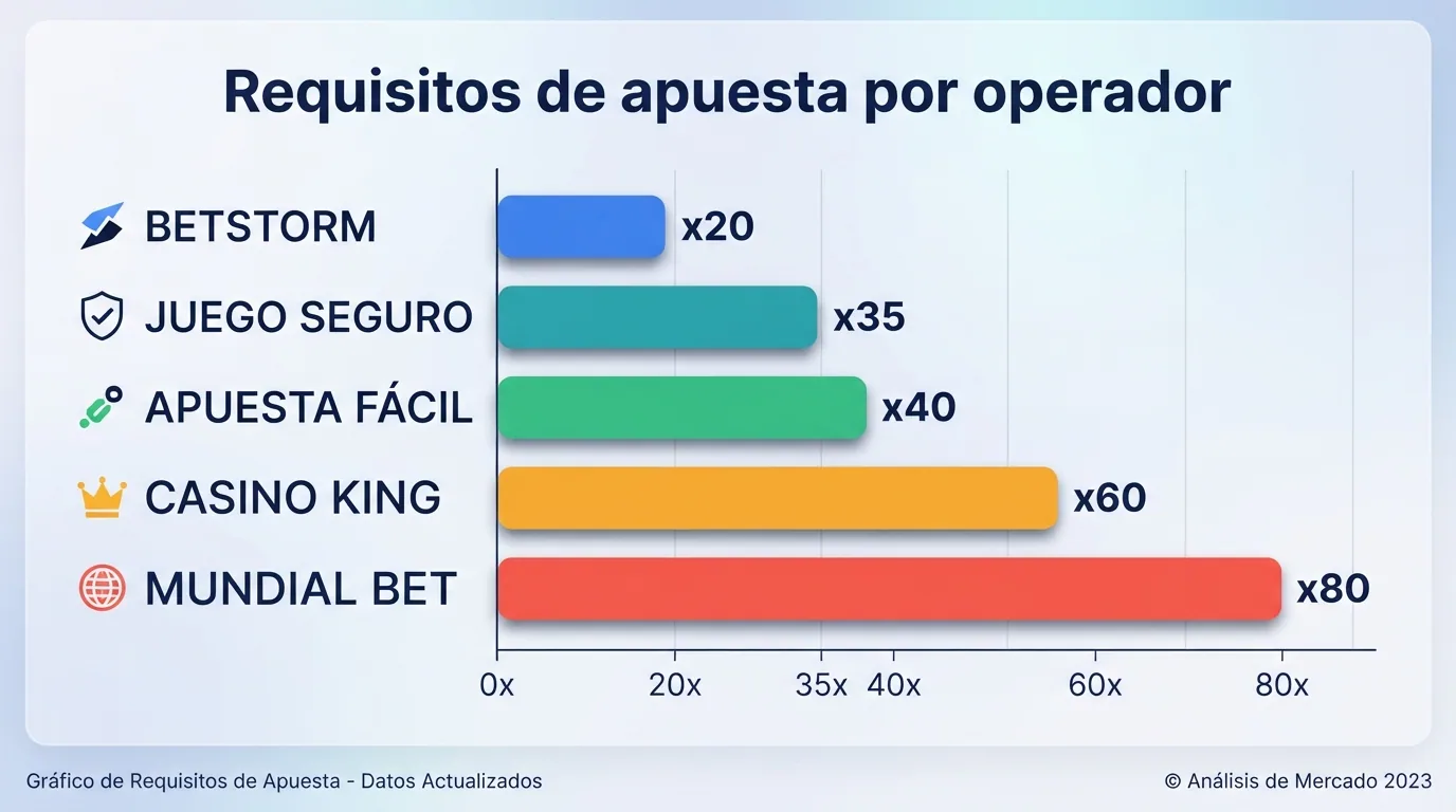 Gráfico de barras horizontales comparando el multiplicador de wagering de cada operador revisado, desde x20 hasta x80