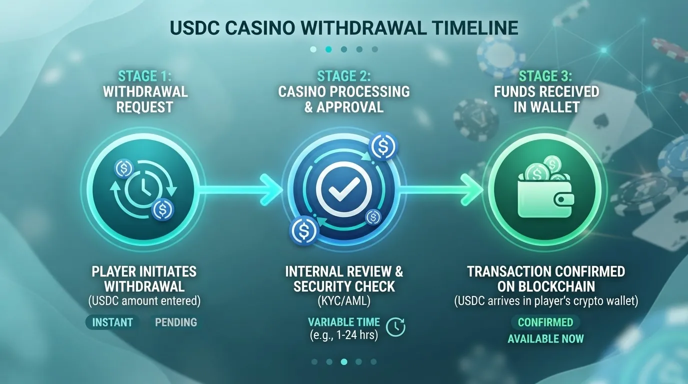 Cronología visual del proceso de retirada: desde la solicitud en el casino hasta la recepción de los fondos en el monedero personal, con los tiempos típicos de cada red