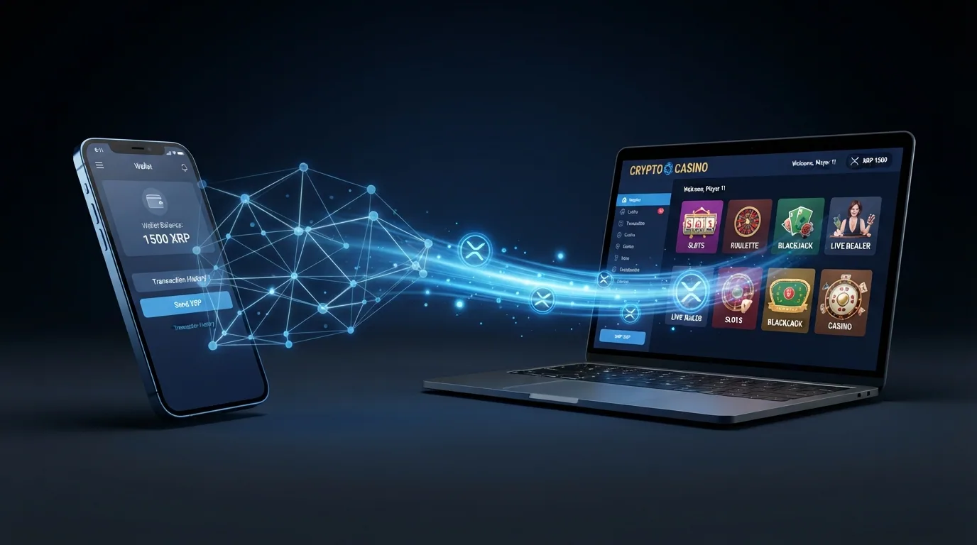 Esquema visual de cómo viaja un pago con XRP desde el monedero del jugador hasta el saldo del casino en la red XRP Ledger