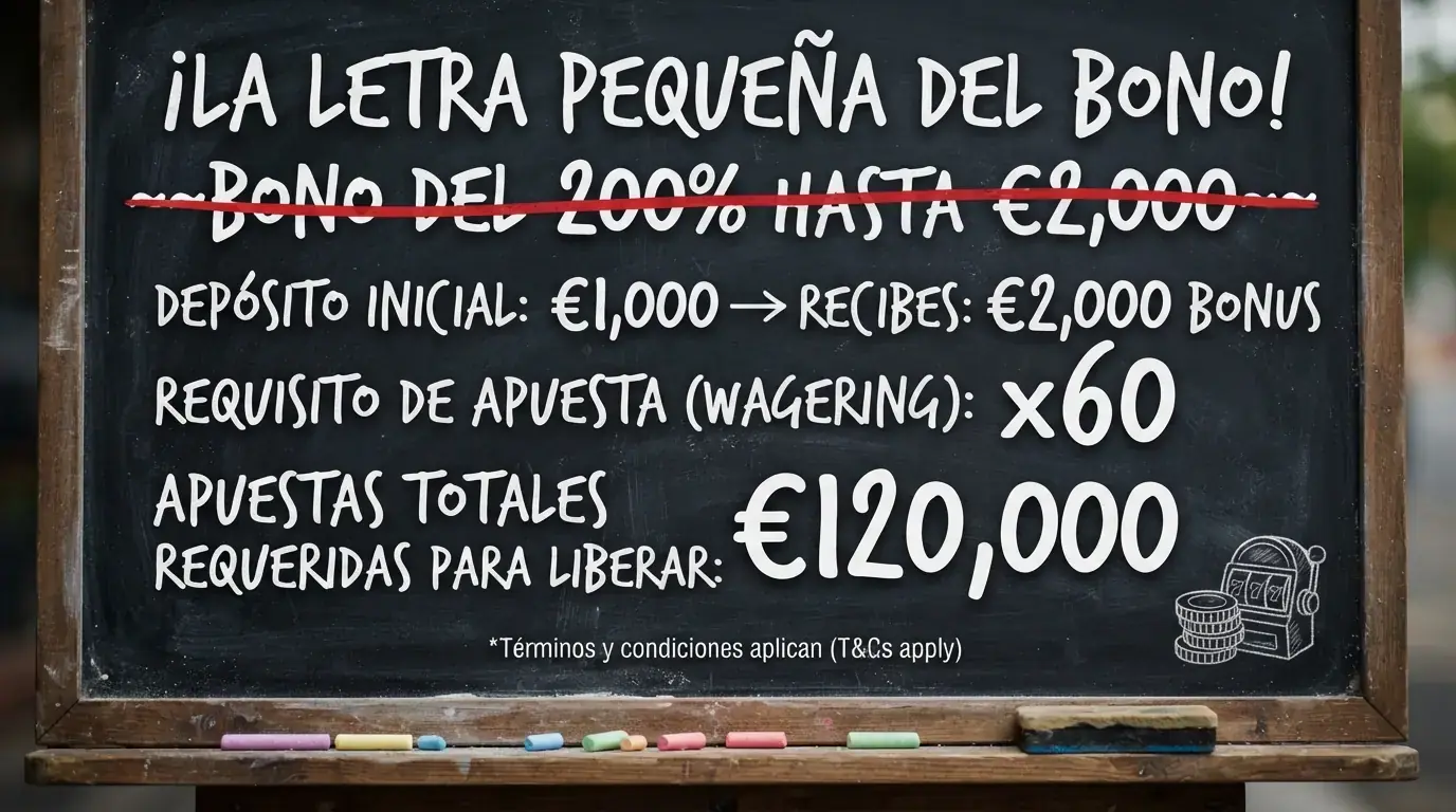 Pizarra con un cálculo que tacha el importe bruto de un bono de casino y muestra la cifra real tras aplicar el requisito de apuesta