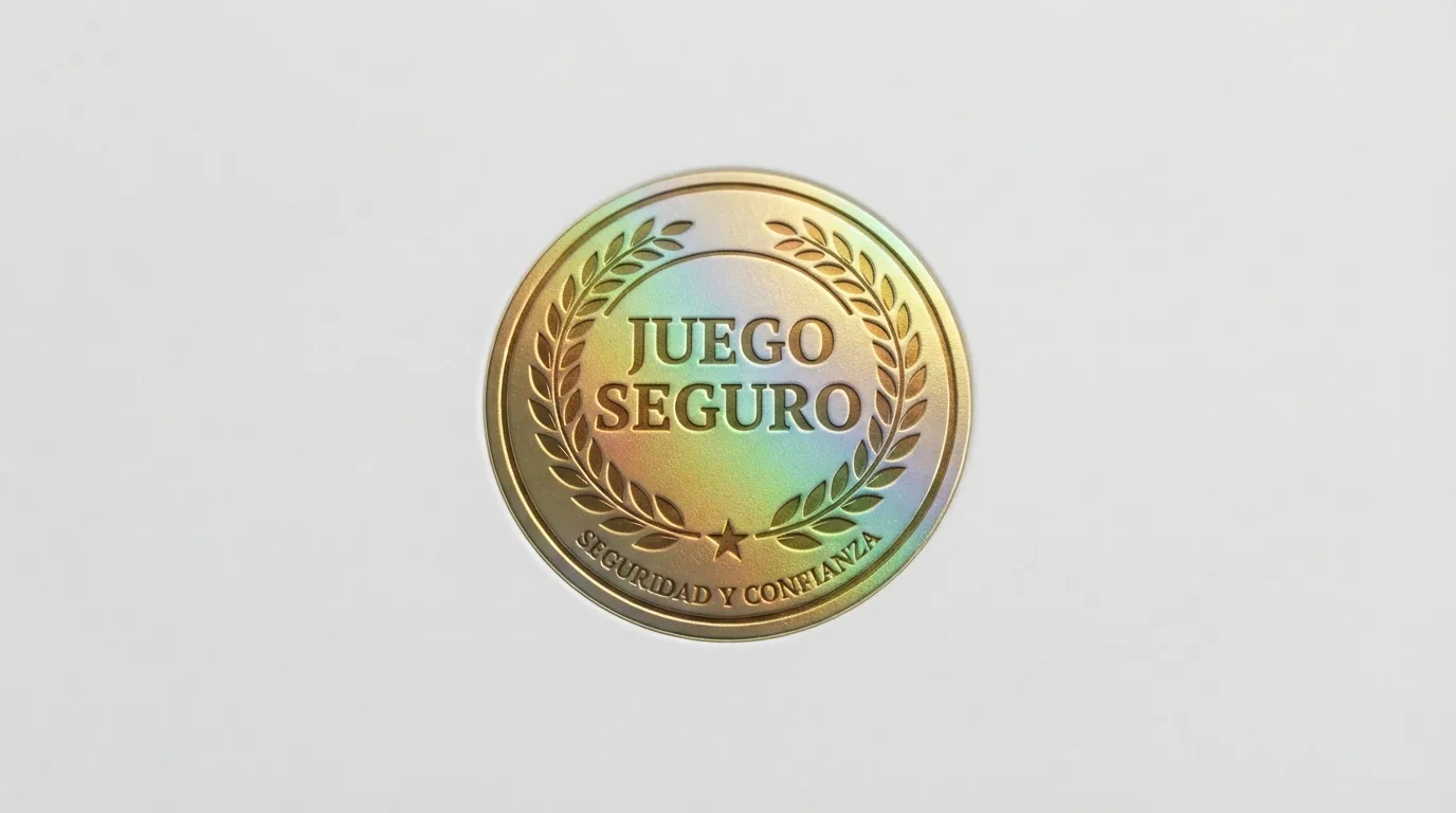 Primer plano del sello «Juego Seguro» sobre el pie de página de un casino online español, junto al dominio .es visible en la barra del navegador