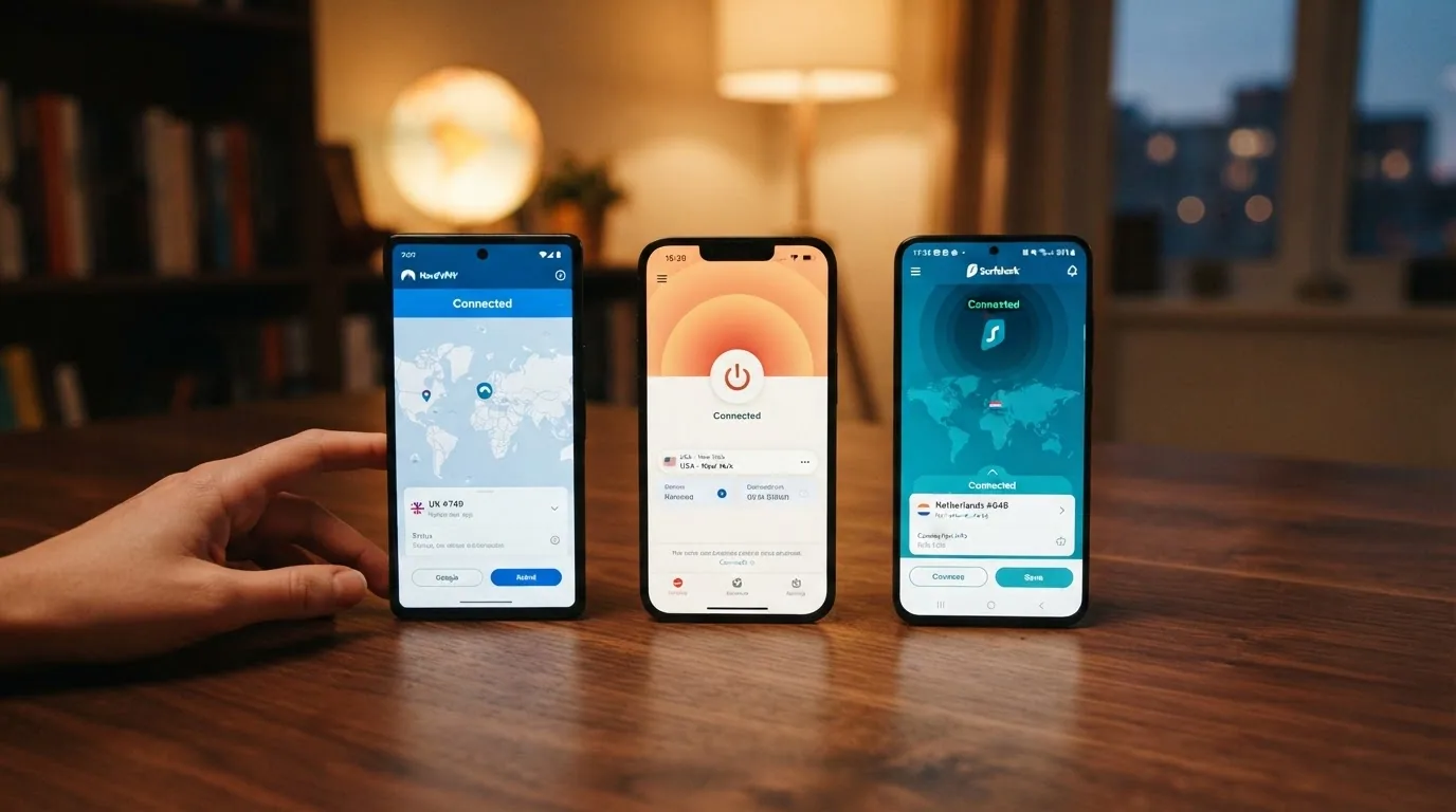 Tres pantallas de dispositivo mostrando las interfaces de NordVPN, ExpressVPN y Surfshark, con un mapa de servidores iluminado detrás