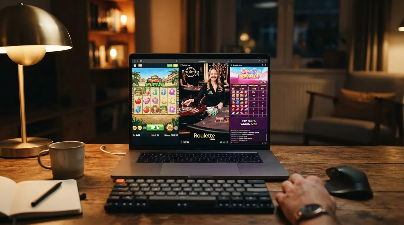 Collage de tres pantallas: una slot online con sus rodillos girando, una mesa de ruleta en vivo con un crupier real transmitiendo por vídeo, y la ficha técnica de una tragaperras mostrando su RTP y volatilidad