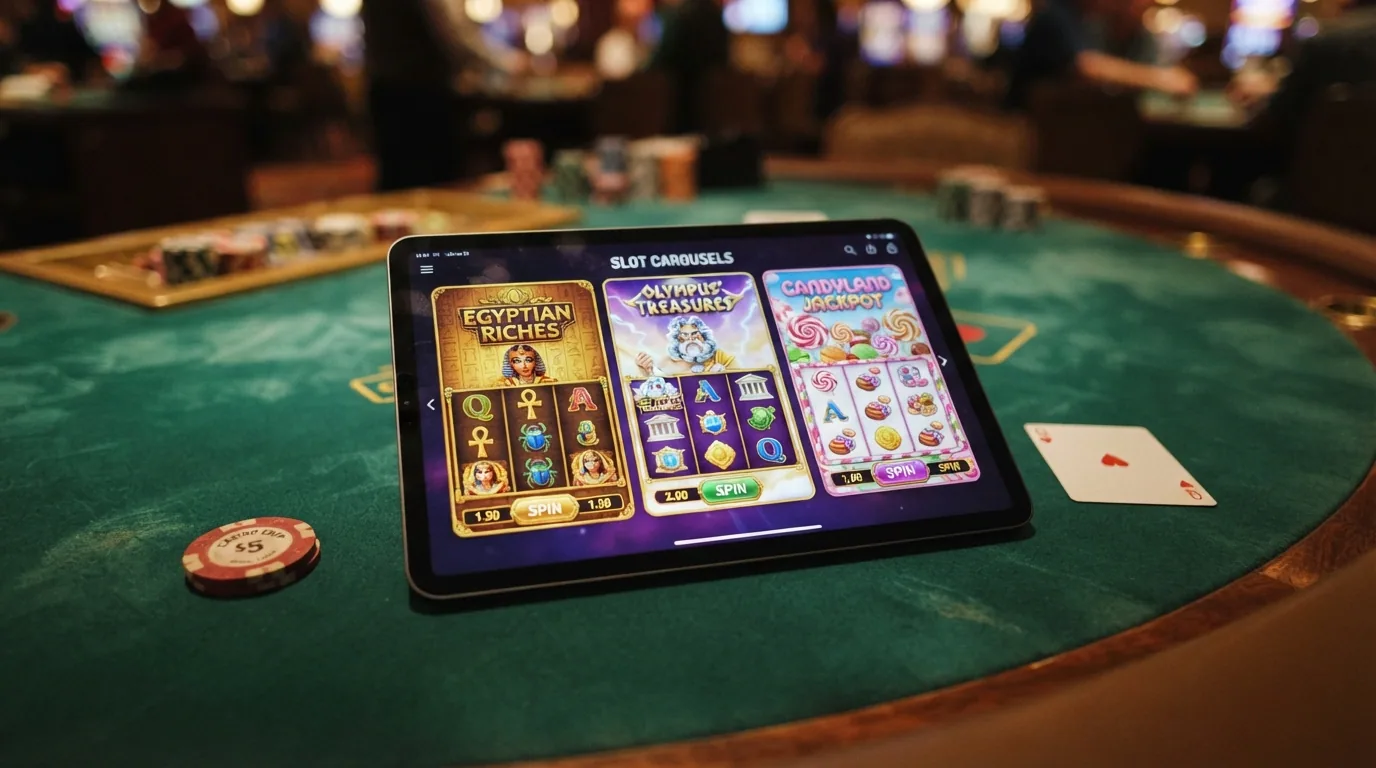 Una cuadrícula con carátulas de slots populares — Book of Dead, Gates of Olympus, Sweet Bonanza — junto a una ruleta de casino en vivo y fichas con el logo de DOGE