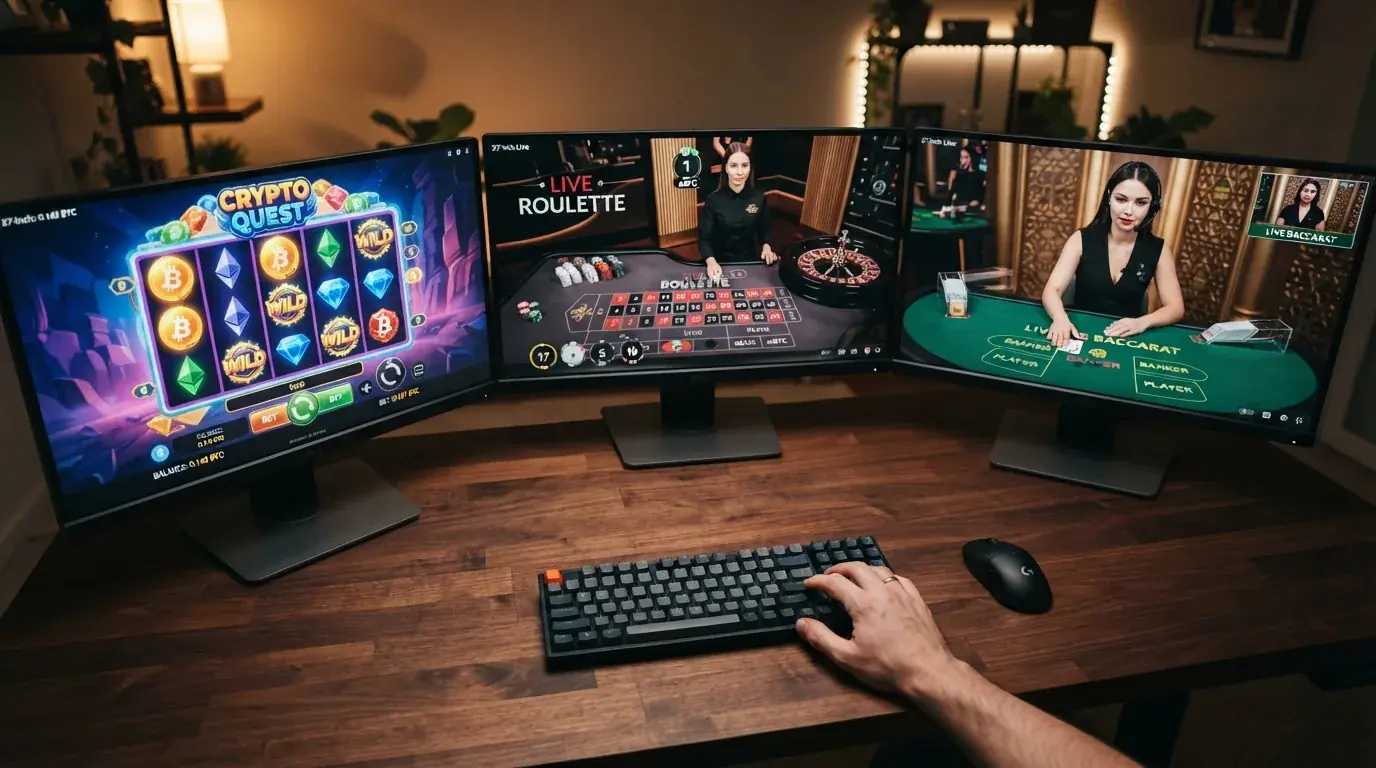 Una composición de tres imágenes en una: una slot digital con rodillos en movimiento, una mesa de ruleta con fichas, y una pantalla mostrando un crupier en directo con la interfaz de apuestas.
