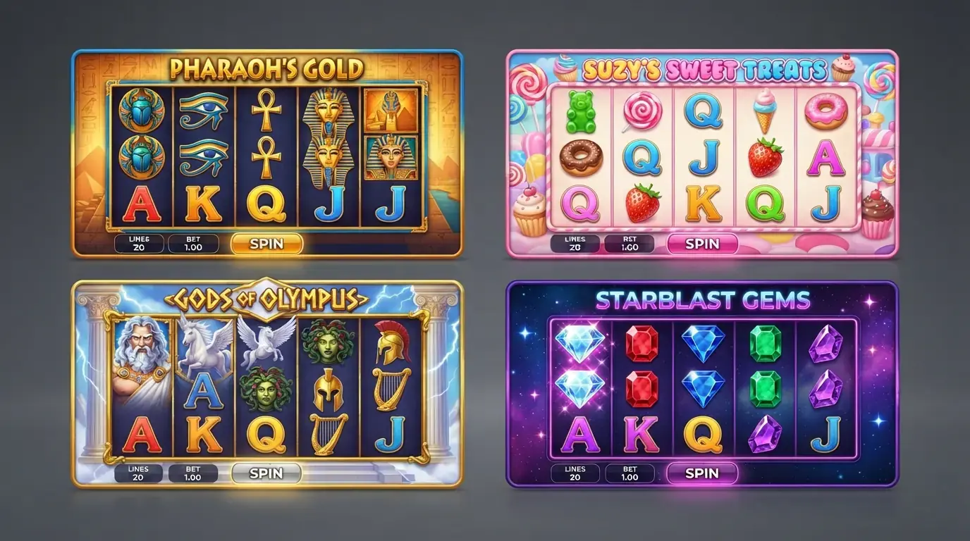 Una cuadrícula con cuatro tragaperras populares en casinos Bitcoin —Book of Dead, Sweet Bonanza, Gates of Olympus y Starburst— con sus porcentajes de RTP impresos sobre cada carátula