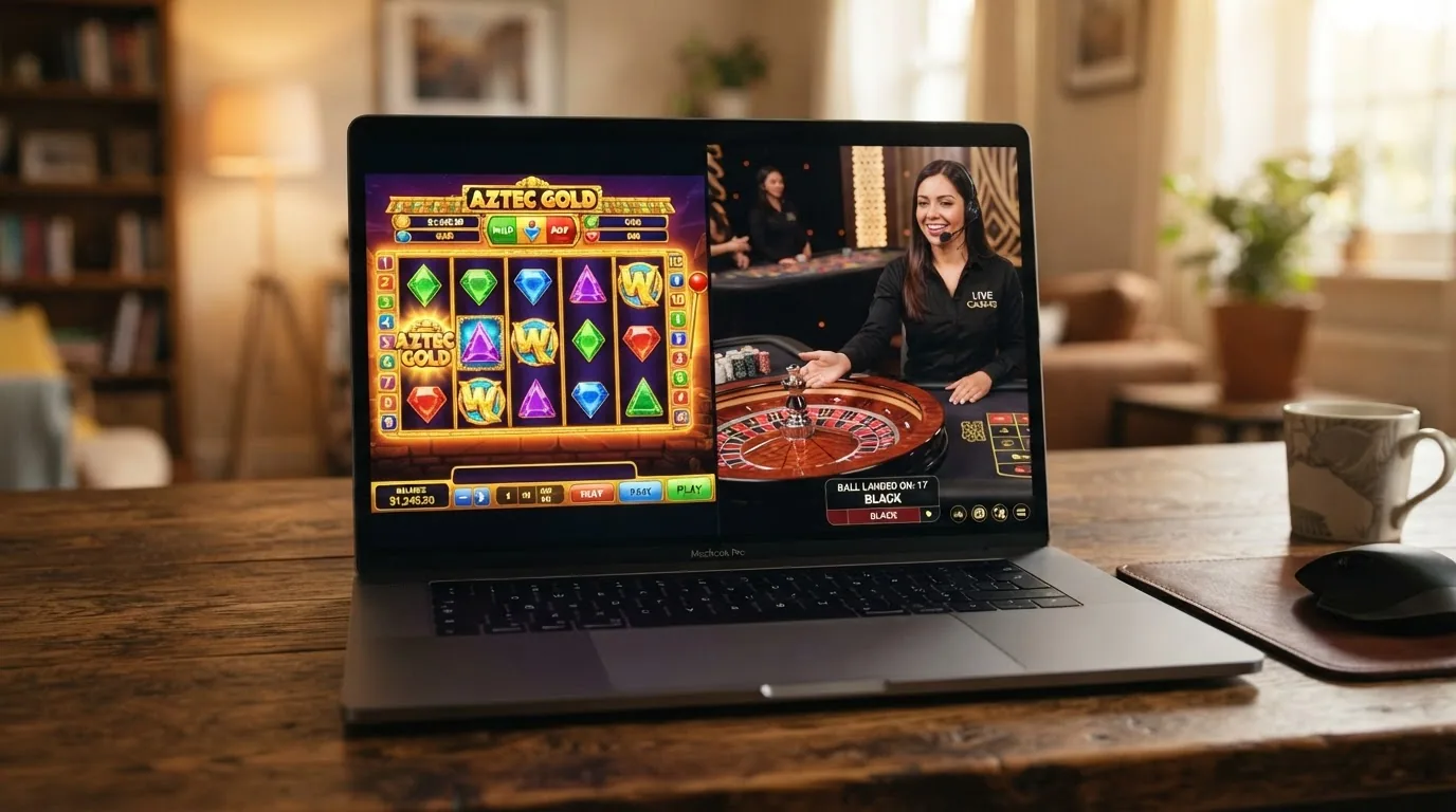Una cuadrícula de tragaperras online con rodillos coloridos y una mesa de ruleta en vivo en una pantalla de ordenador