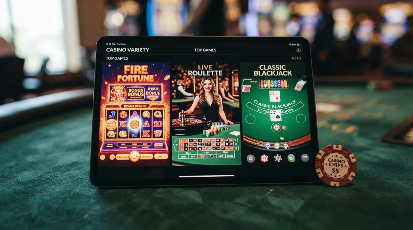 Collage de pantallas de juego: una tragaperras colorida, una ruleta en vivo con crupier real y una mesa de blackjack digital