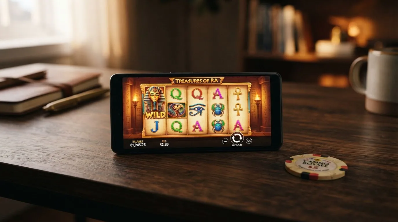 Captura de los carretes de la slot Book of Dead de Play'n GO con símbolos egipcios y el contador de saldo en euros