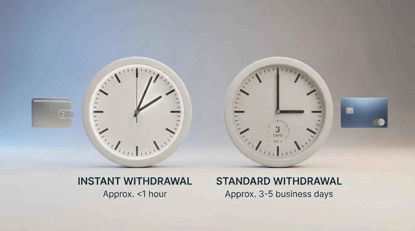 Comparativa visual con los plazos de retirada de cada método: un reloj junto al icono de PayPal marcando minutos, otro junto al de una tarjeta marcando días