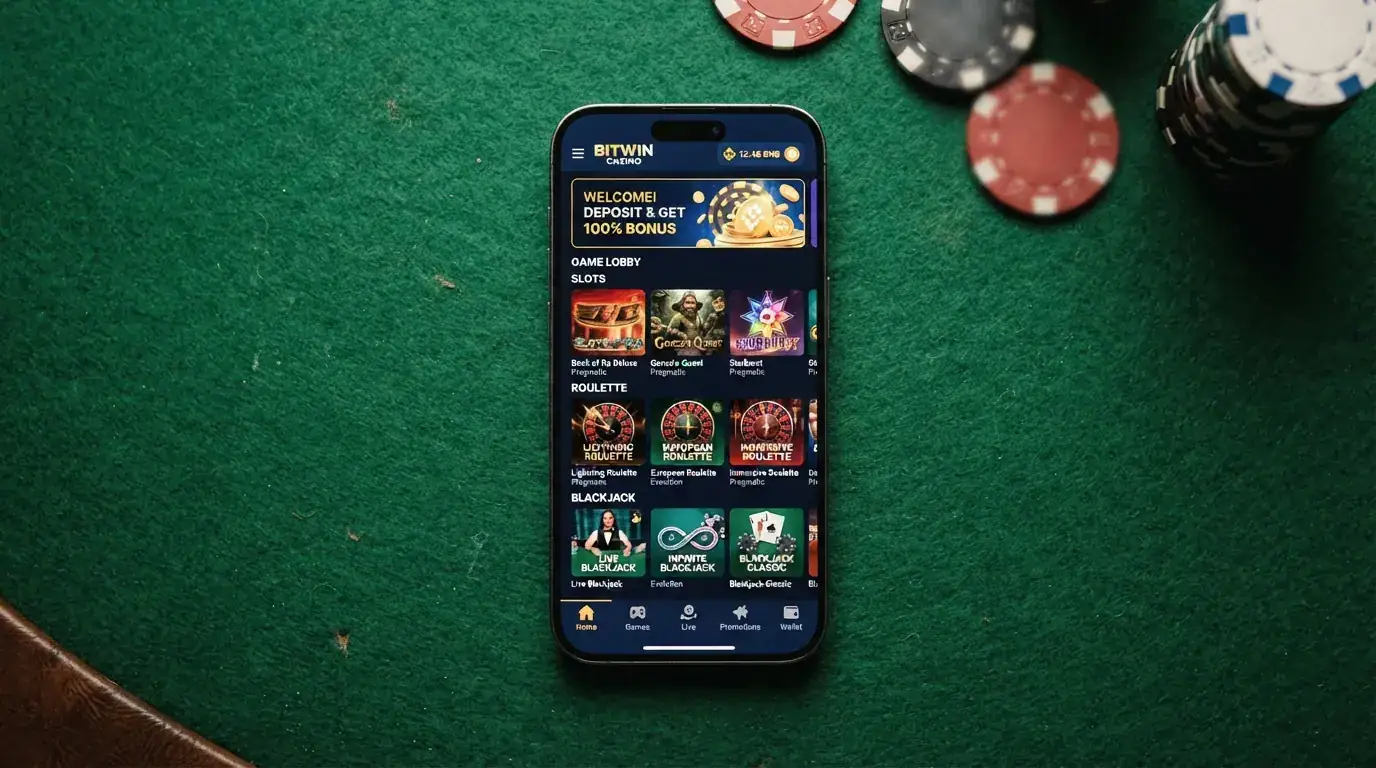 Vestíbulo de un casino online con iconos de tragaperras, ruleta y blackjack y el saldo de la cuenta expresado en BNB