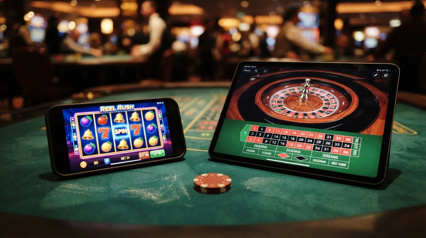Una pantalla dividida con una tragaperras online, una mesa de ruleta en vivo y un crupier de casino en vivo