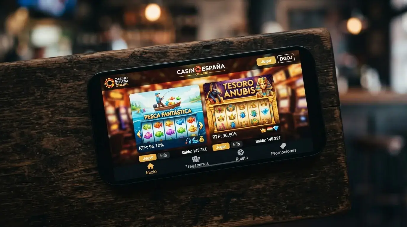 Un móvil con el lobby de tragaperras de un casino español abierto, con Big Bass Splash y Queen of the Pyramids visibles en la cuadrícula de miniaturas
