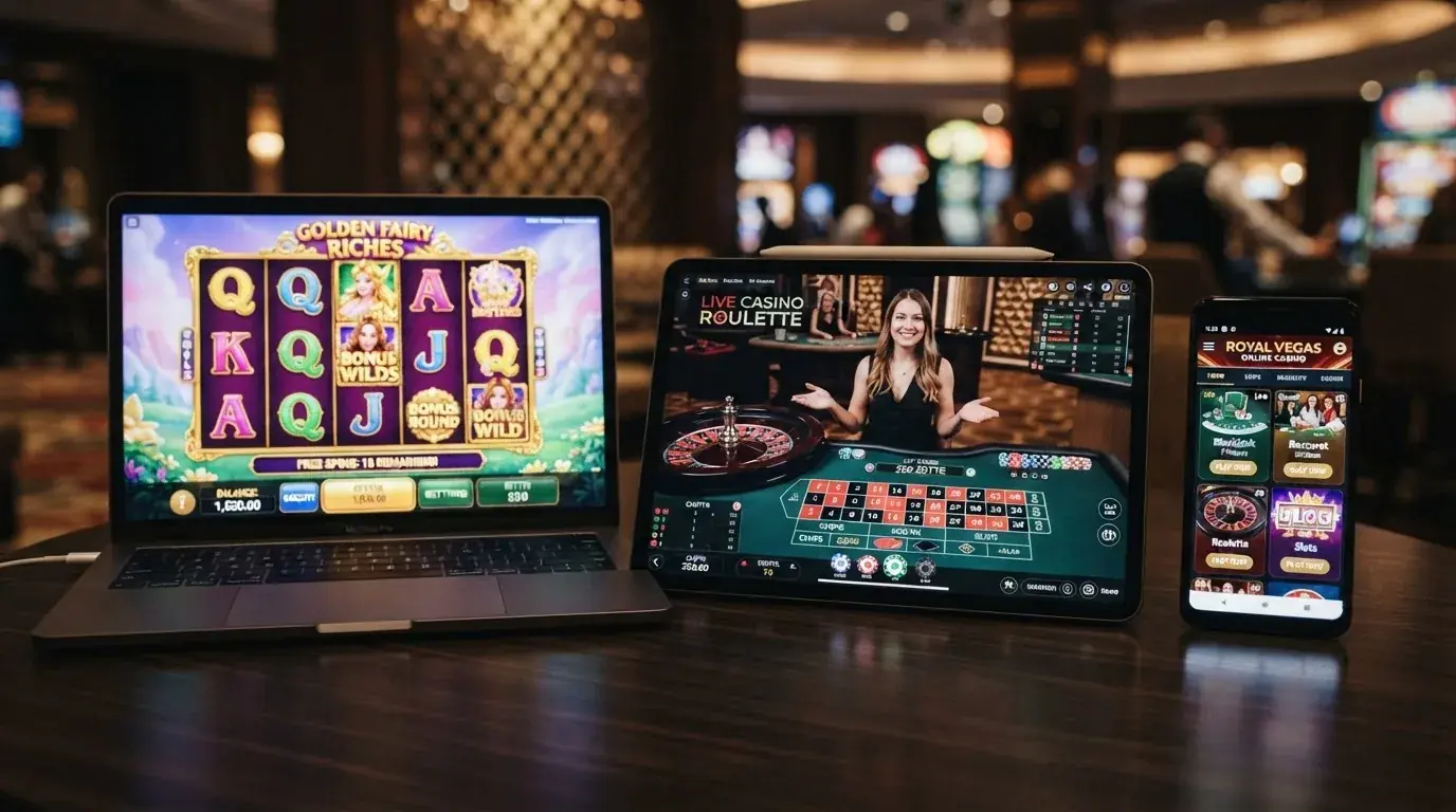 Composicion de tres imagenes: una tragaperras online en accion, una ruleta en vivo con crupier real y el lobby de juegos de un casino DGOJ con el filtro de proveedores desplegado
