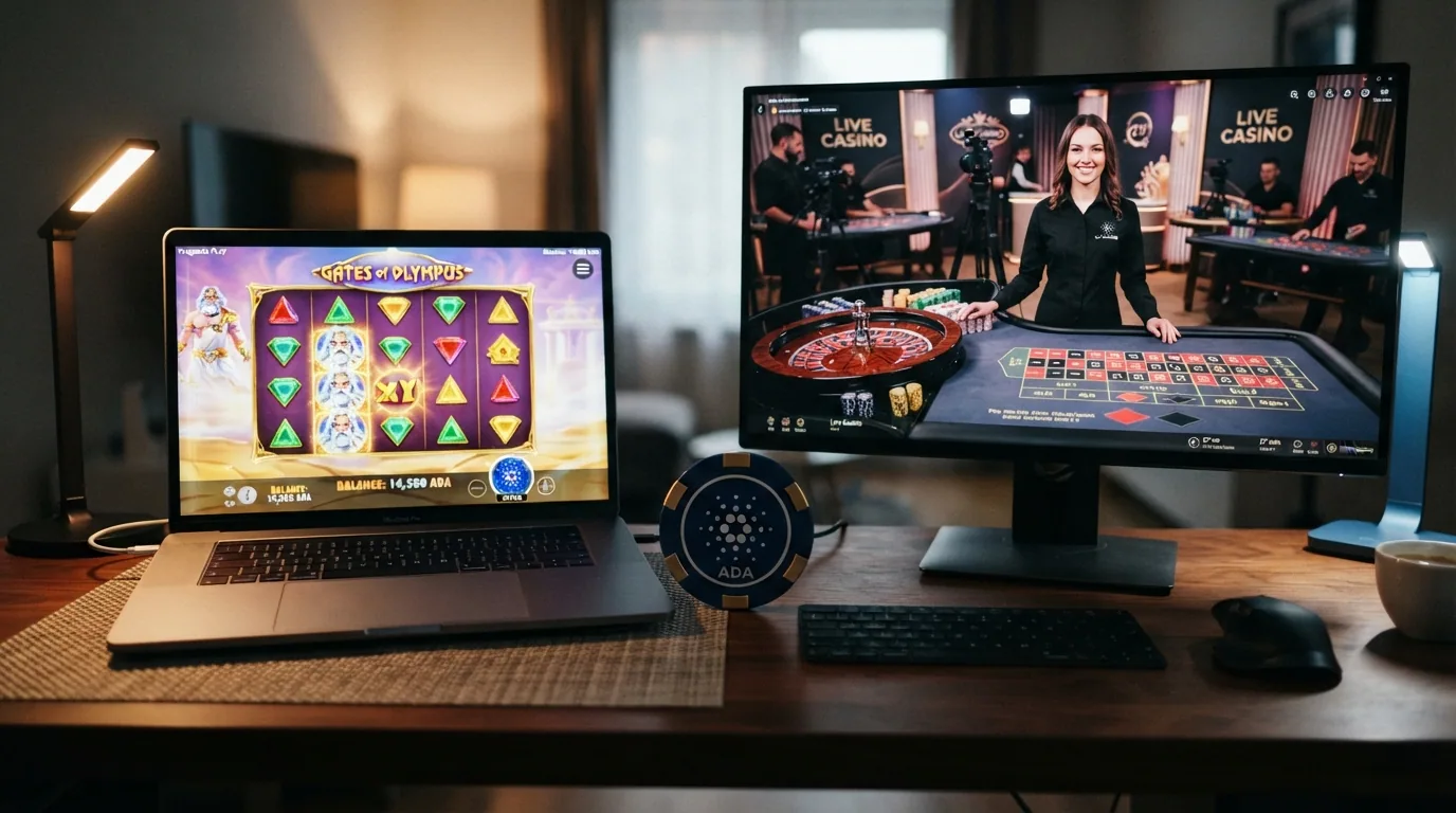 Sala de casino en vivo con un crupier real frente a una ruleta y, en pantalla partida, una tragaperras online de un proveedor como Pragmatic Play