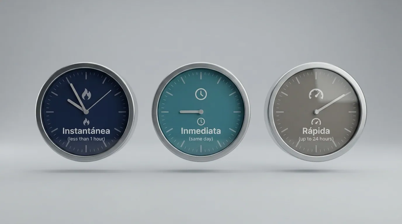 Infografía con tres relojes o cronómetros que muestran tiempos distintos: menos de 1 hora, mismo día y hasta 24 horas, cada uno vinculado a un método de pago