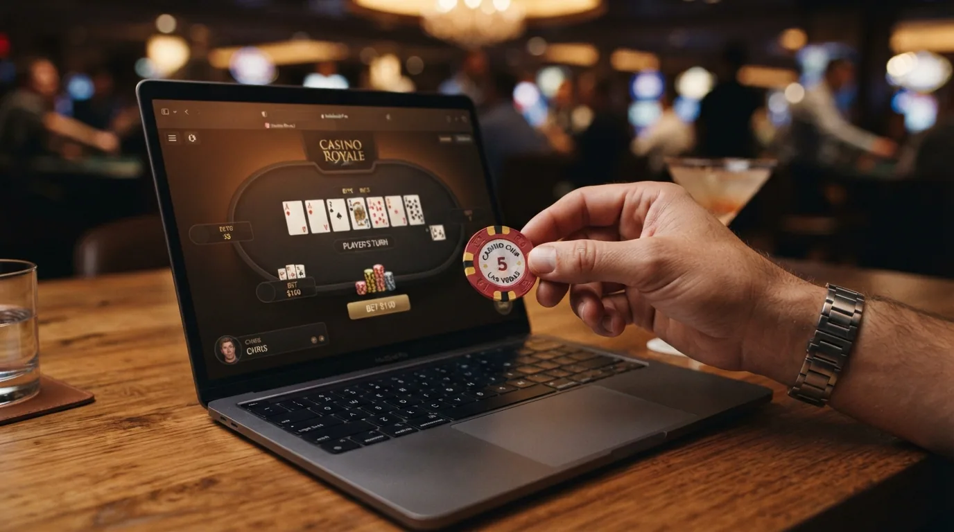 Una mano que sostiene una moneda de un euro frente a la pantalla de un ordenador con la interfaz de un casino online español abierta
