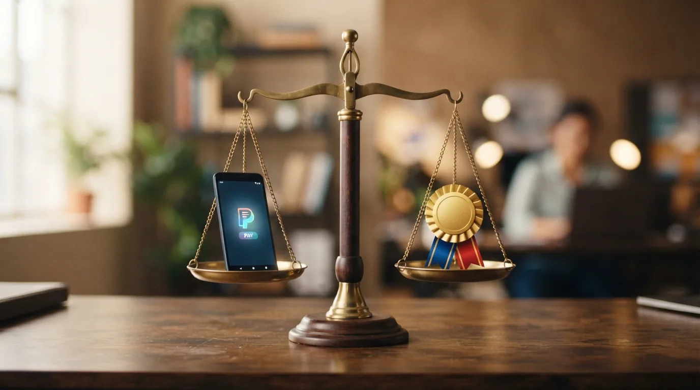 Una balanza con el icono de Google Pay en un platillo y una licencia DGOJ en el otro, equilibrados