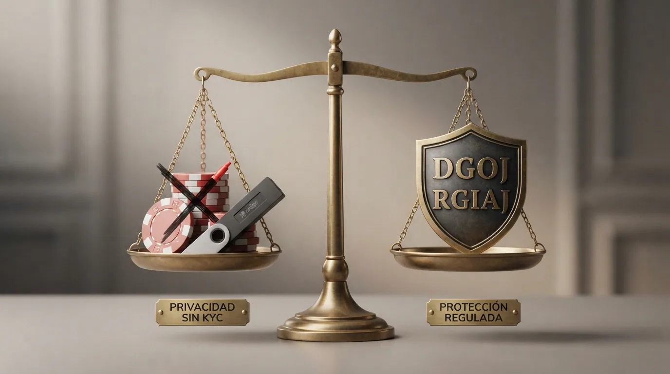 Una balanza con dos platillos: en uno, un DNI tachado y una wallet de cripto; en el otro, un escudo de la DGOJ y el RGIAJ